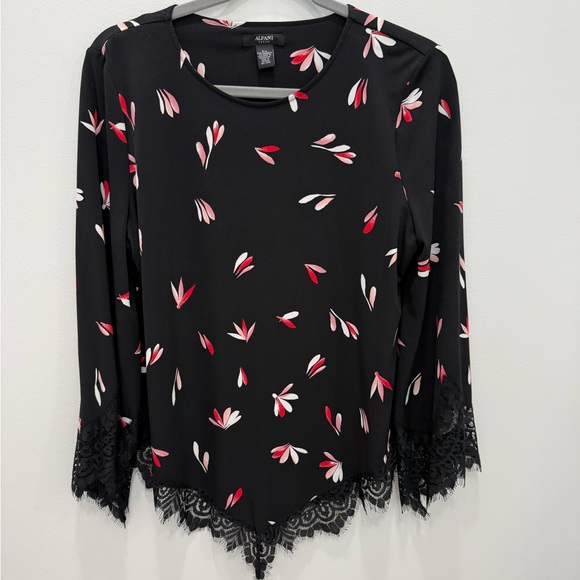 Alfani Tops - Alfani Black Floral Blouse with Lace Trim never worn. No tags.